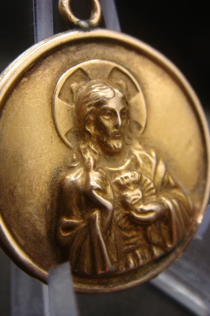 RARE ANTIQUE SACRED Heart of Jesus Gold Tone Medal Pendant Catholic ...
