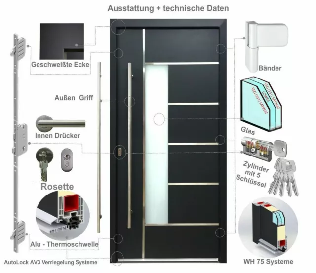 Welthaus Haustür WH75 Aluminium mit Kunststoff LA 40 Modern KÖLN Ud=0,8 W/m²K 2