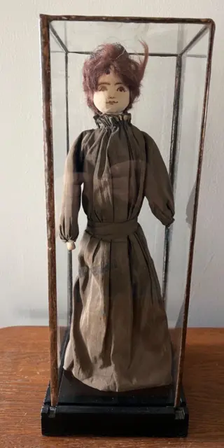 ANTQ Victorian Folk Art Doll Silk Dress Drawn Ink Face Human Hair Display  Case