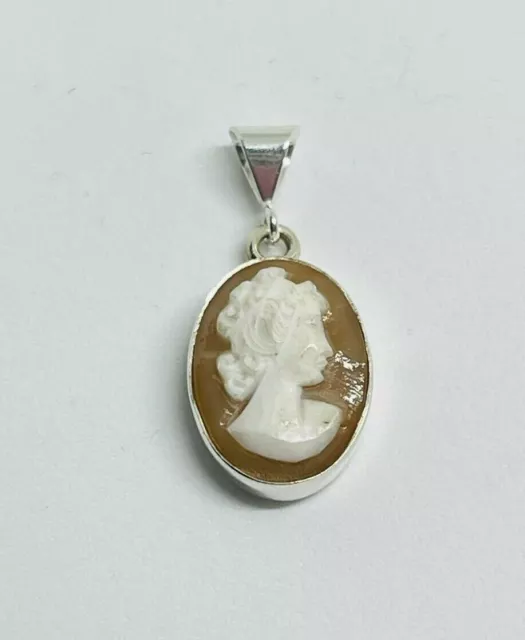 Gorgeous Vintage Real Carved Shell Cameo Pendant 925 Solid Silver #16501