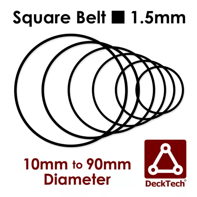 DeckTech 1.5mm Square Belt 10mm to 90mm Inner Diameter Rubber Motor ~1.4mm/1.6mm