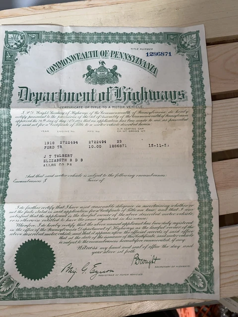 VINTAGE CERTIFICATE OF TITLE OF A MOTOR VEHICLE 1918 Ford TR $120.00