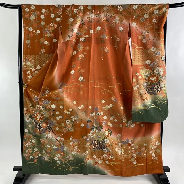 JAPANESE KIMONO FURISODE LONG SLEEVES LADIES WOVEN SILK100% BUTTERFLY GOLD 164cm