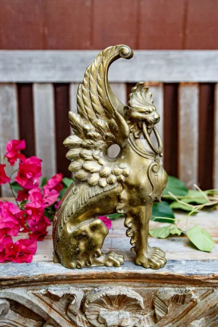 Antique French Heavy Brass Winged Griffin Gothic Architectural Salvage Piece 12”
