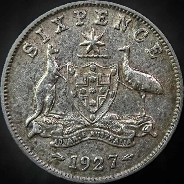 AUSTRALIA. 1927, 6 Pence, Silver - KGV, Melbourne, Kangaroo Emu Sixpence