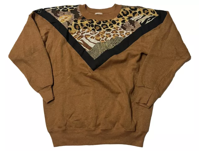 Vintage 80s 90s Cheetah Print Leopard Sweatshirt Crewneck Brown Size Medium