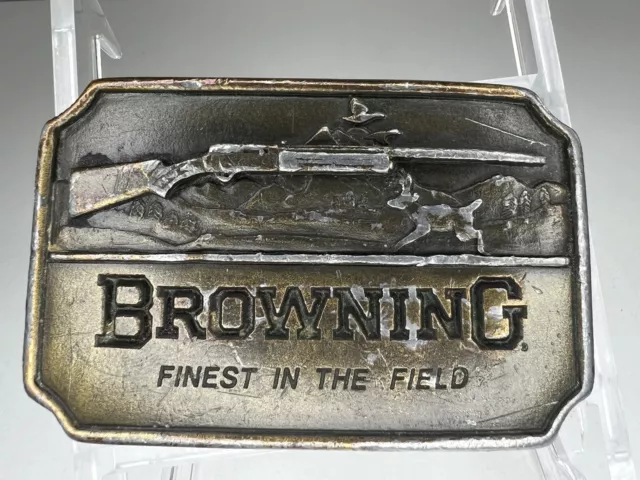 Vintage Browning Brass Belt Buckle Rifle & Deer Buck Indiana Metal Craft