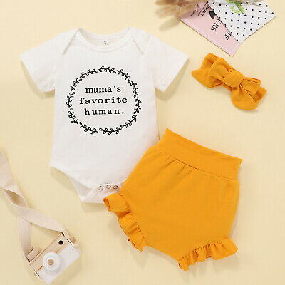 Newborn Neonato Baby Ragazze lettera manica corta pagliaccetto body + Pantaloncini Tinta Unita impostato