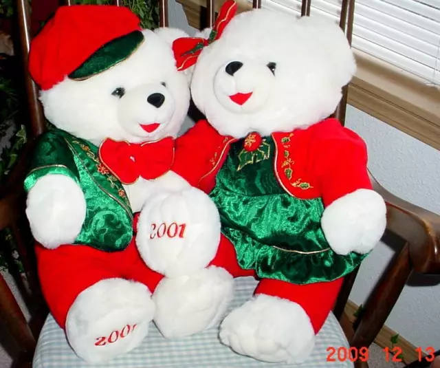2001 WalMART CHRISTMAS Snowflake 2 TEDDY BEAR White Girl & boy 22" Red Outfit