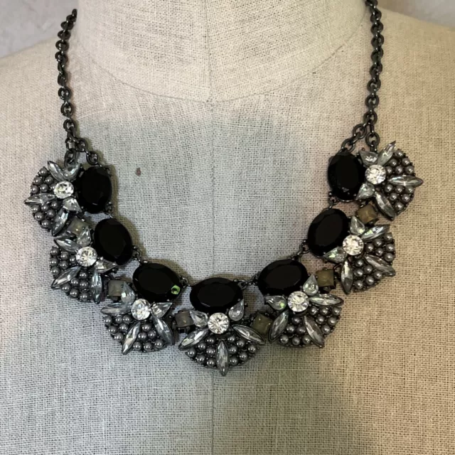 Statement Necklace Black Silver Crystal Pearl Gun Metal Steve Madden 16”