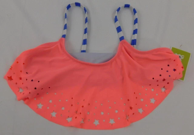Girl's Circo SwimSuit SwimWear Bikini Top New Coral Blue Striped Stars Top Sz L