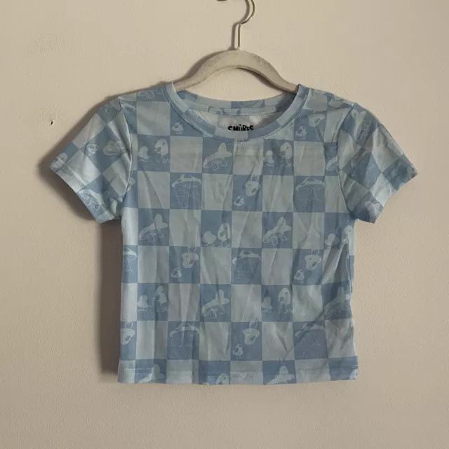 The Smurfs Women SZ S Blue Mesh Sheer Smurfs/Mushroom Shirt Sleeve Crop Top