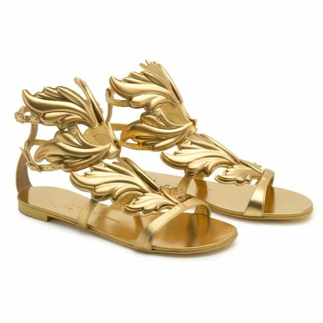 Giuseppe Zanotti Metallic Gold Leather&Metal Wing roll Ankle Strap Sandals-Sz 39