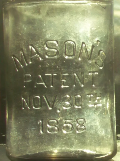Clear 1 pt Mason's Patent Nov. 30th 1858 canning jar Fancy M Square o's
