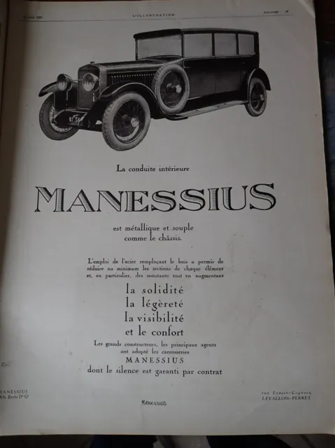 MANESSIUS automobile LEVALLOIS PERRET publicité papier ILLUSTRATION 1925 col