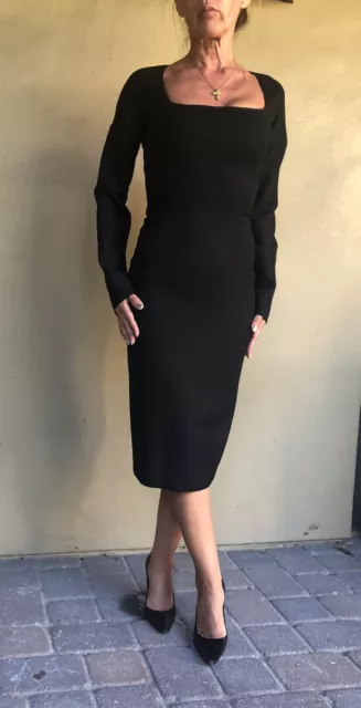 Iconic D&G Dolce & Gabbana Black Fitted Long Sleeve Wool Dress Size 2