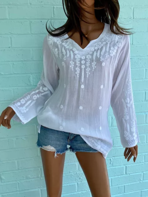 New! AQUA McQueen White Gauze Beach Embroidered Top Blouse Womens Boutique S M L