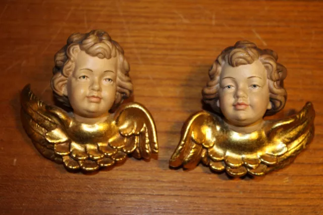 3.4" Pair Hand Carved Wood Wall Angel Putto Cherub Head Figure Statue Sculpture