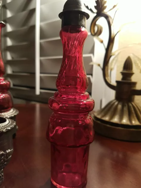 Beautiful Antique Cranberry Glass Thumbprint Cruet Decanter Castor Set W Stand 2