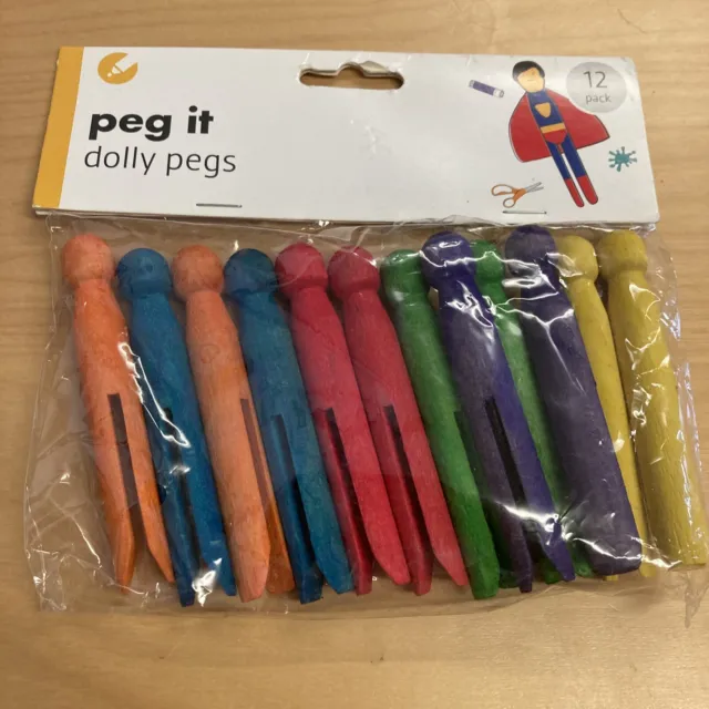 Brand New  12pc Assorted Doll Pegs Colours Yellow Red Blue green Purple And Oran