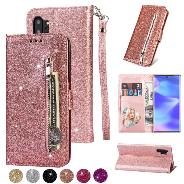 Bling Zipper Leather Wallet Strap Case For Samsung Galaxy S24 S23 Plus Ultra