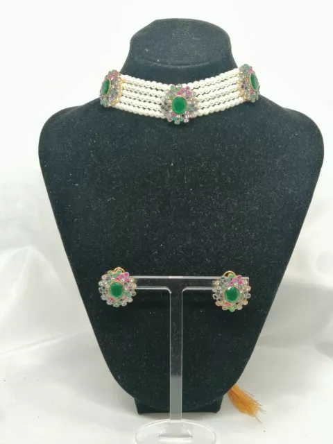 Indian Pakistani Pearl Choker And Earrings Set With Multi Stones