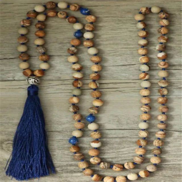 8mm Picture stone Gemstone 108 Beads Tassels Mala Necklace Fashion Enthusiasts