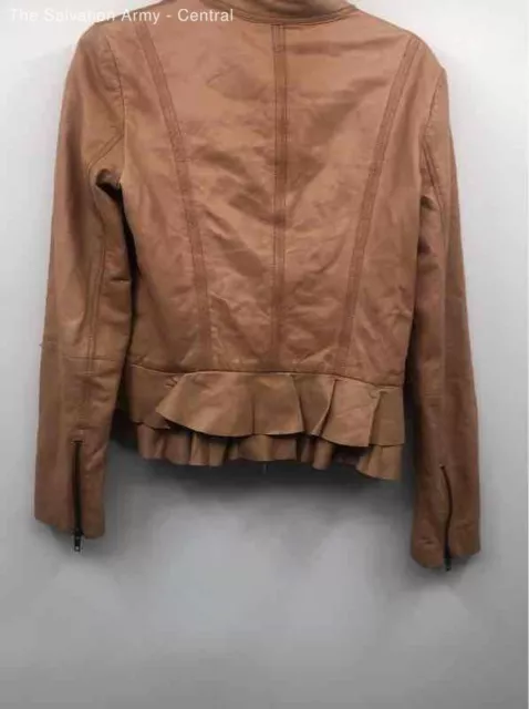 Hinge Womens Brown Leather Long Sleeve Collared Ruffle Full-Zip Jacket Size S 2