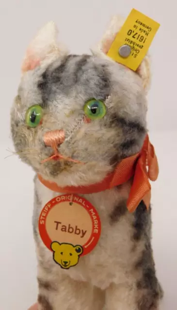 VNTG 1948-49 17cm Steiff #1617,0 TABBY CAT Gray Stripe Art Silk F Button 3 IDs