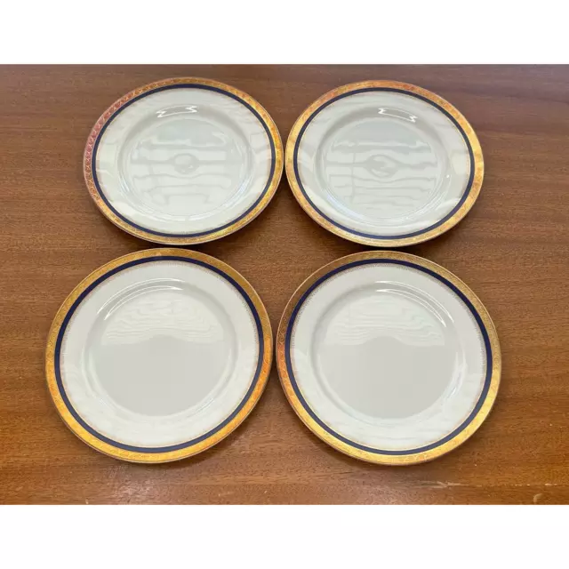 Vtg Fine China Salad Plates Alhambra Pattern by Ranmaru Cobalt Blue/Gold Set/4