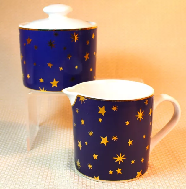 Vintage 1990's Blue & Gold Sakura GALAXY Porcelain Sugar & Creamer Retired Set