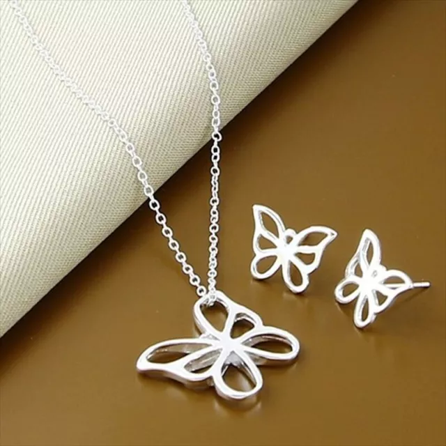 Fashion 925 Sterling Silver butterfly Necklace Earrings Jewelry Sets Wholesale