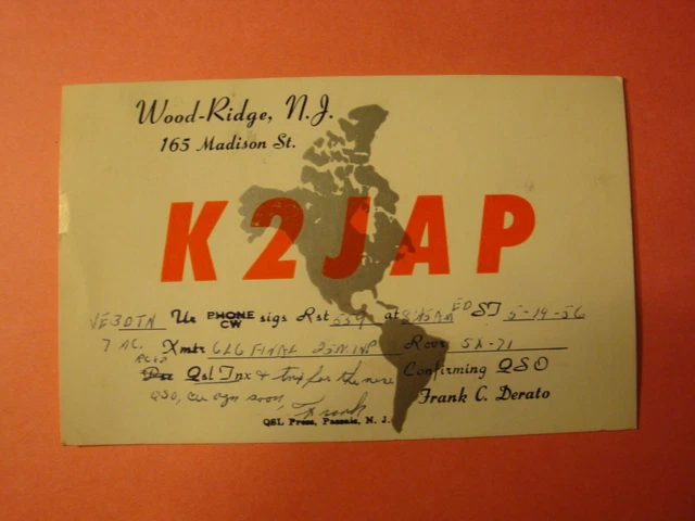 1956 K2JAP Wood-Ridge, New Jersey Amateur Radio QSL Card (WWW)