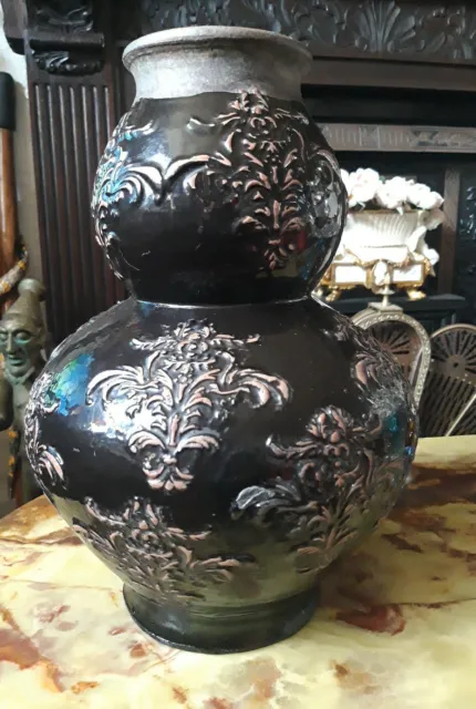 Large Heavy Antique salt glaze stoneware Vase  Oriental Style 14"
