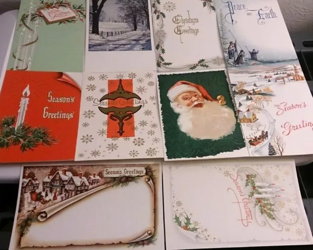 Set of 10 Holiday Merry Christmas Greetings Cards Santa Snowflakes Mistletoe Vtg