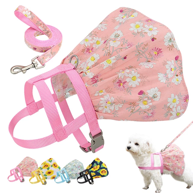 Floral Dog Harness and Lead set Pet Cat Skirt Puppy Dress Vest for Chihuahua S-L