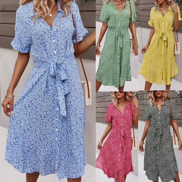 Women Floral Dress Sundress Short Sleeve V Neck Lace Up Holiday Dresses Fashion