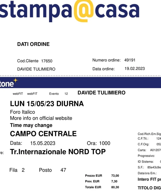 N. 1 Biglietto Internazionali Tennis BNL 2023, 15 maggio, centrale diurno