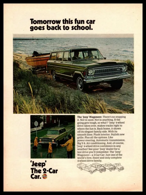 1970 Jeep Wagoneer V-8 4x4 Pulling Boat School Crossing "The 2-Car Car Print Ad