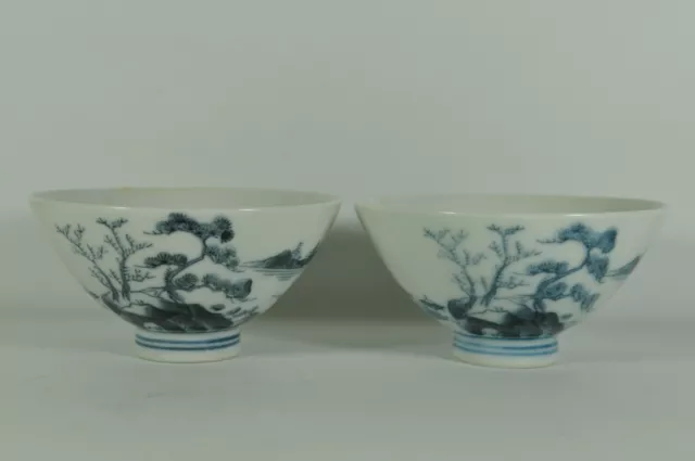 Pair Fine Antique Chinese Blue White Porcelain Bowl Scholar Art