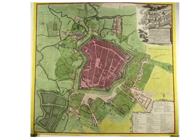 LEIPZIG GRUNDRISS DER STADT 1 Orig. altkol. Kupferstichplan Homann Erben 1749