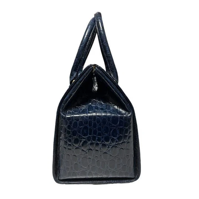 Longchamp Leather Handbag Tote Bag Croc embossed Blue with Gold Charm 2