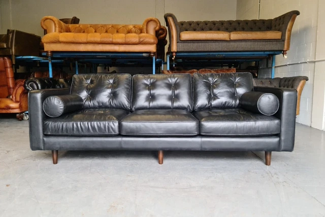 123.Mid Century Style Barker & Stonehouse Black Leather 3 Seater Sofa 🚚🇬🇧