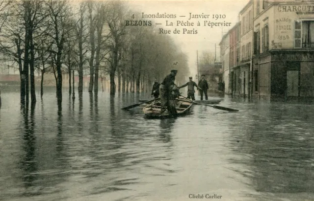 Carte BEZONS Inondations Janvier 1910 La pêche à l'épervier Rue de Paris