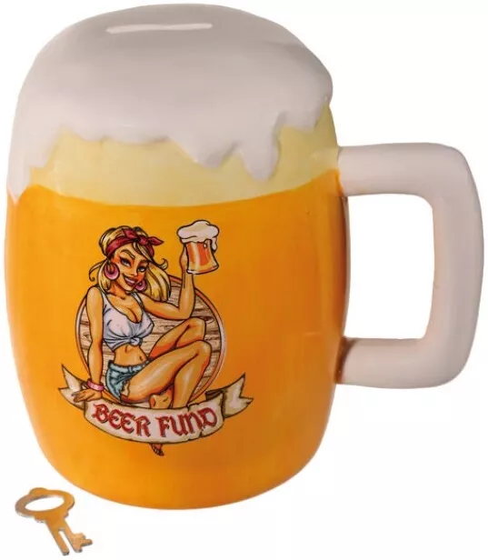 Keramik-Spardose Spar-Dose Sparbox Money Box mit Schloss "Beer Fund" ca. 16x14cm