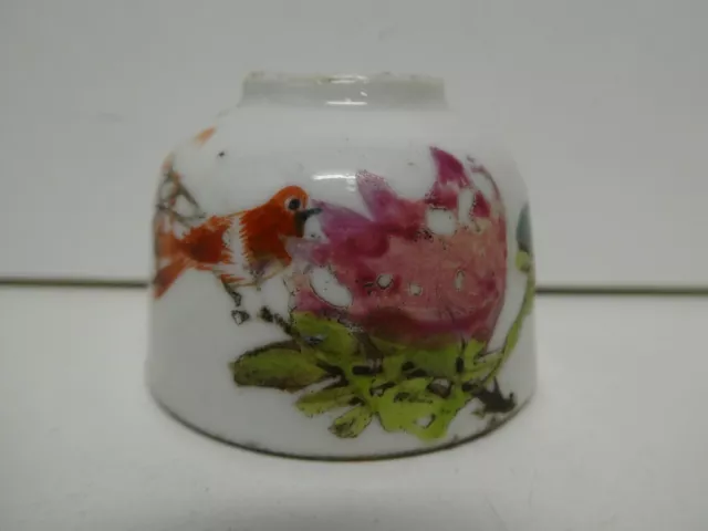 Antique Early Hand Painted Chinese Famille Rose Ink Well Bird  Flowers Jar Pot