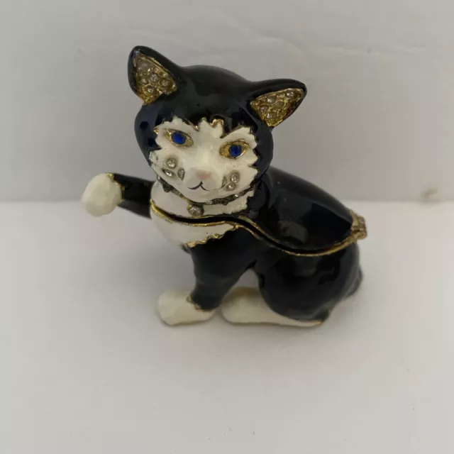 Black & White Cat Jeweled Enameled Hinged Magnetic Closure Heavy Trinket Box