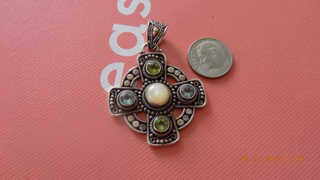 Sterling Silver 18k BA Blue Topaz Green Peridot Maltese Cross Pendant Indonesia