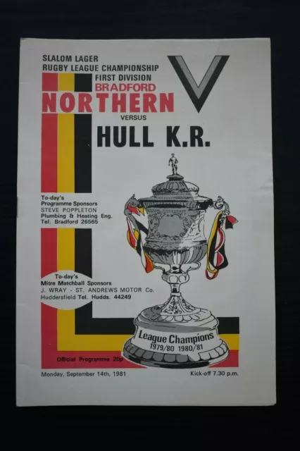 Rugby League Programme: Bradford Northern v Hull KR - 1st Div - 14th Sept 1981