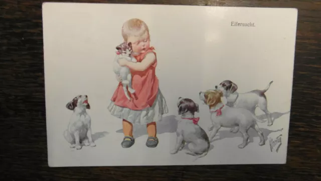 Künstler AK  Kind mit Hunden